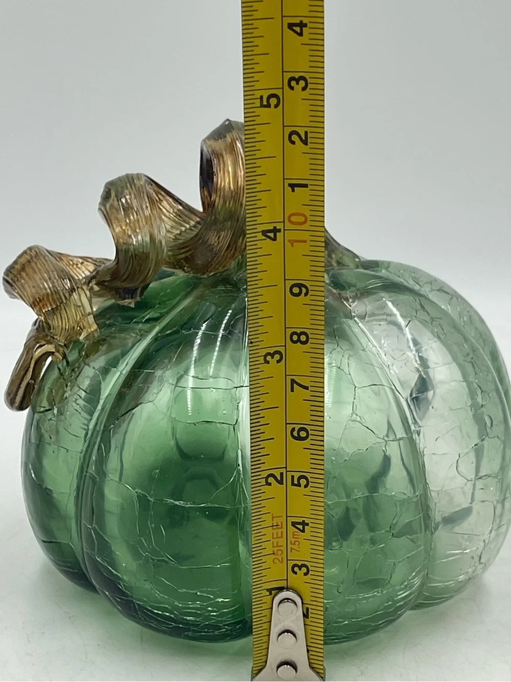 Vintage Hand Blown Green Ombre Crackle Art Glass Pumpkin with Amber Twisted Stem